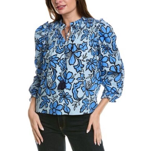 Sail to Sable Fall Floral Long Sleeve Tassel Front Top - Omphalodes/Blue Size L - Picture 1 of 8